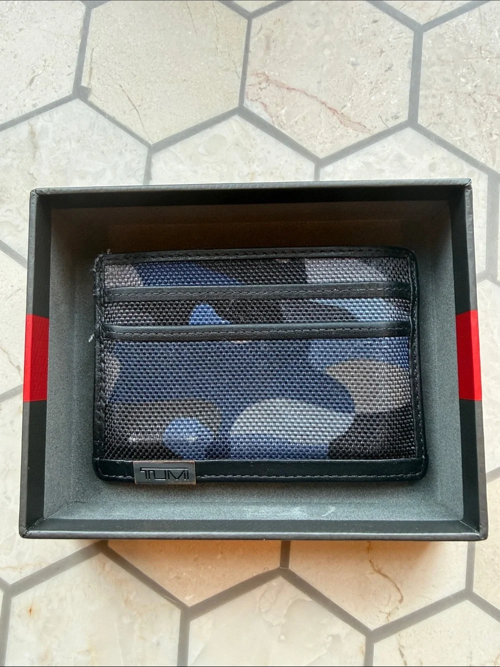 TUMI Men’s Blue and Black Camo Card Case Wallet